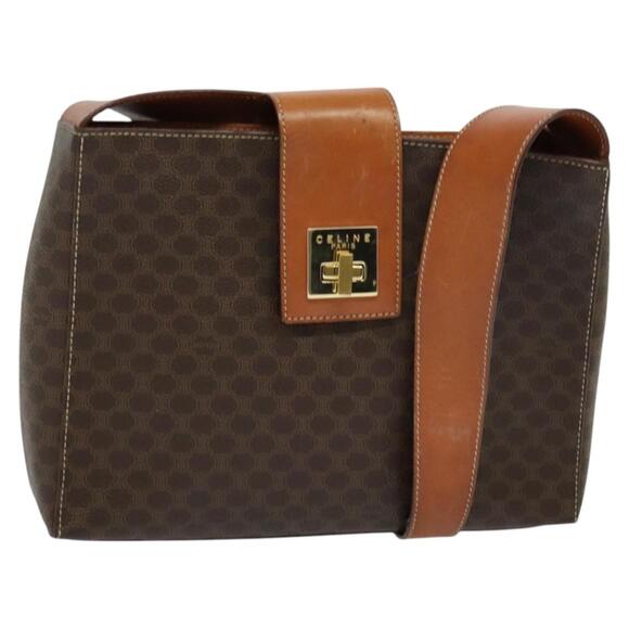 CELINE Macadam Canvas Shoulder Bag Pvc Leather Brown Gold - Picture 1 of 13